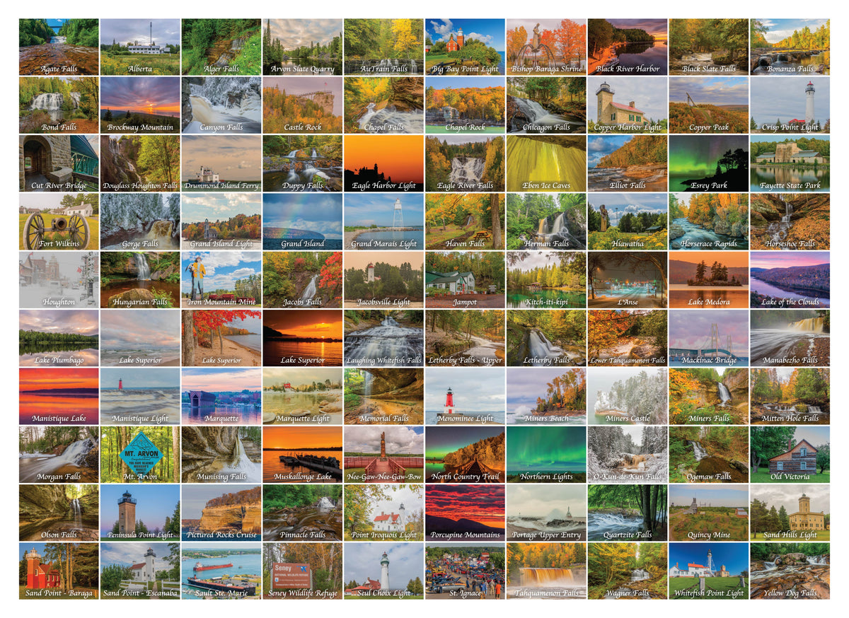 A large grid collage of many small landscape photographs, including forests, lakes, waterfalls, mountains, and sunset scenes, arranged in rows on a white background.