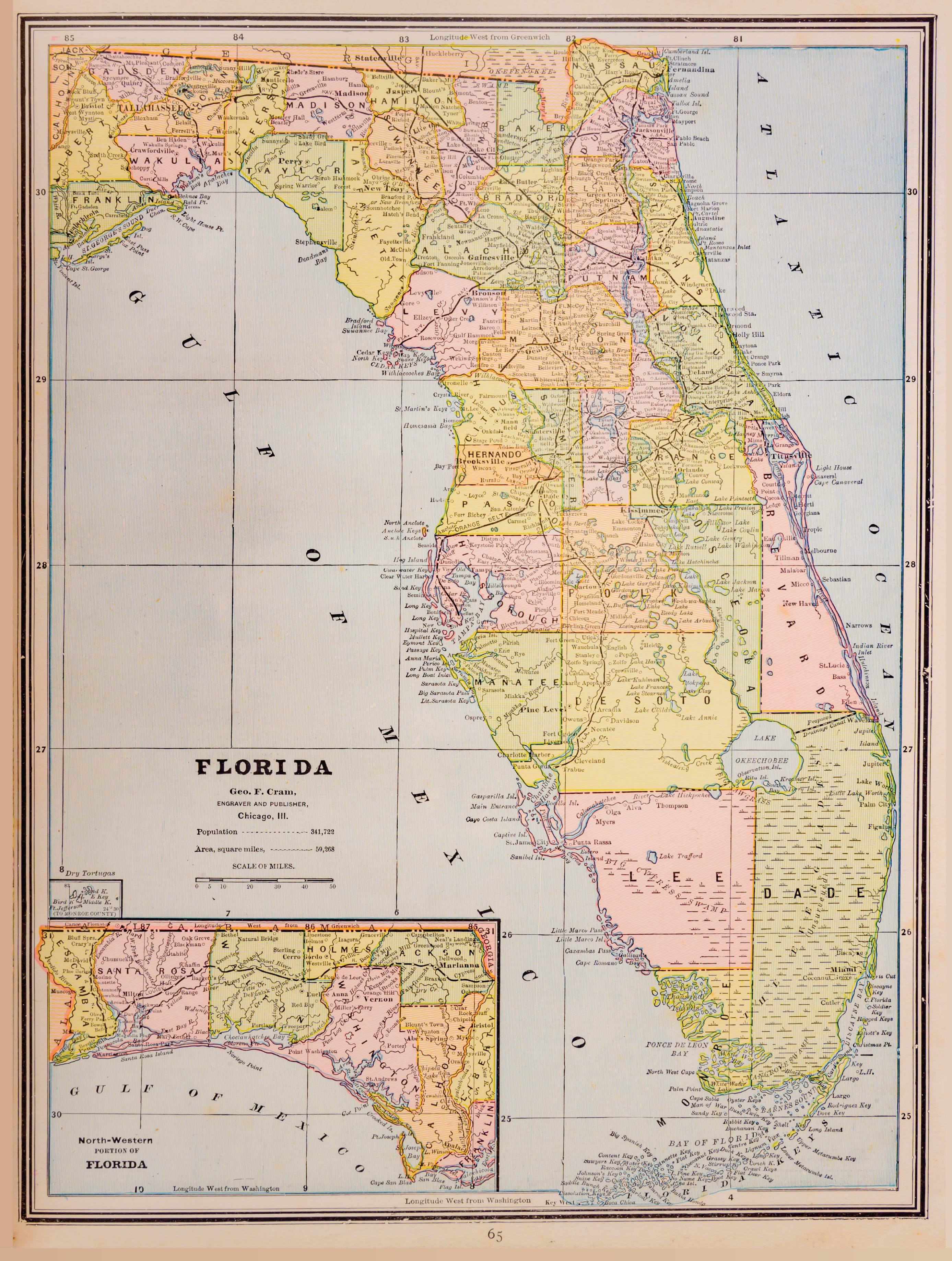 Image of Old 1888 map of Florida showing the Atlantic Ocean, Gulf of Mexico, and all the cities in-between. This colorful map was by Geo. F. Cram, graver and publisher in Chicago, Illinois.